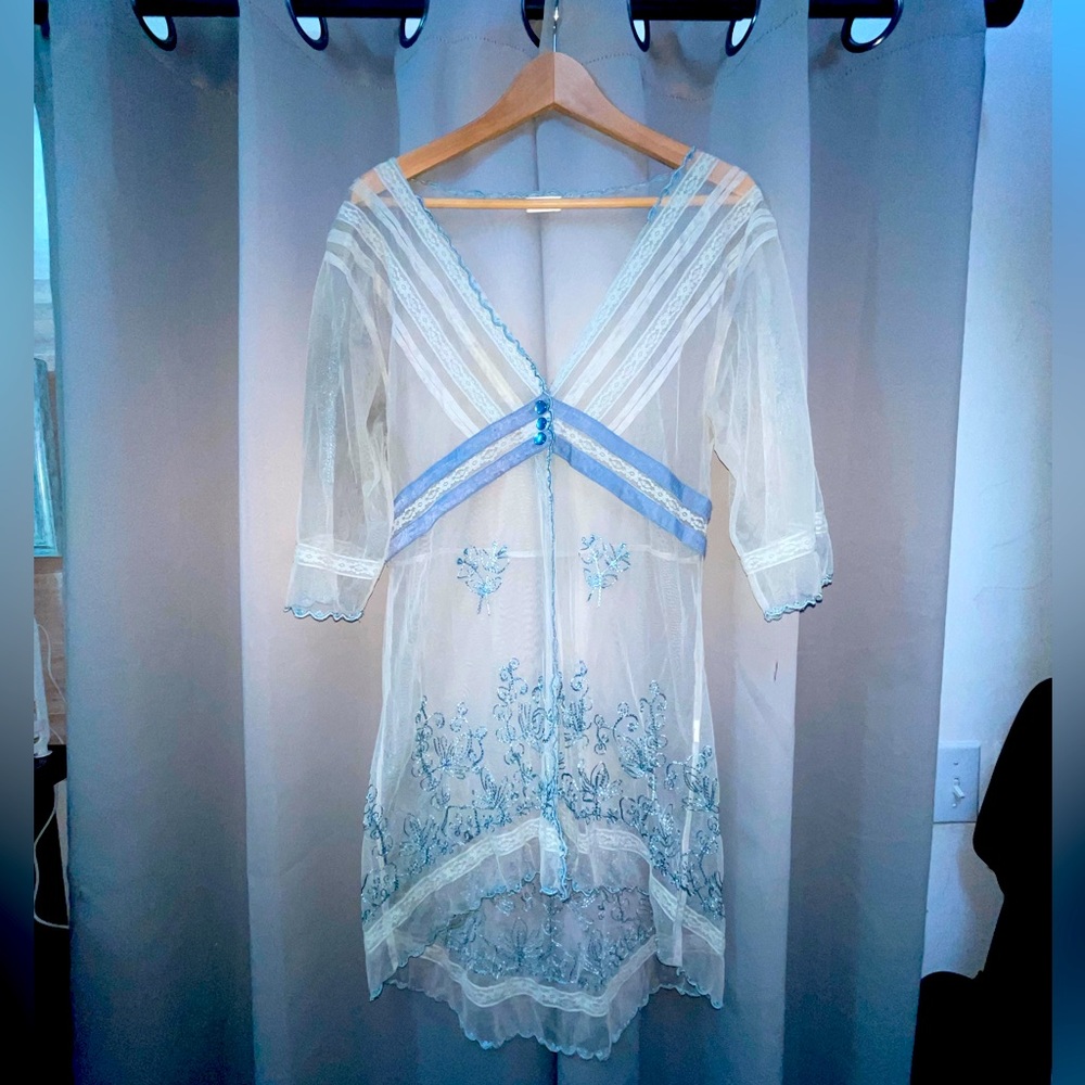 Vintage-Inspired Lace Slip with Hand Embroidered Sleeves and Bodice Floral